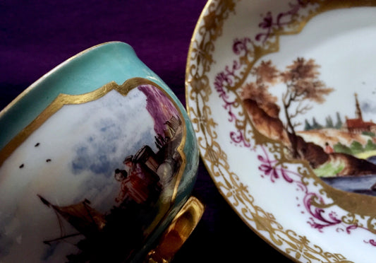 MEISSEN マイセン|ターコイズ地 海岸風景図 カップ&ソーサー|18世紀